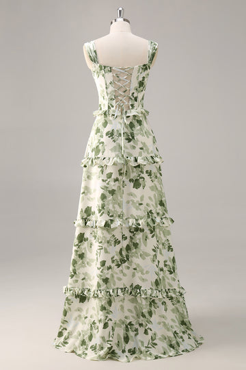 Green Flower Corset A Line Bridesmaid Dress with Ruffles